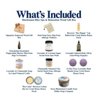 What's included in Bluebonnet Bliss Spa & Relaxation Wood Gift Box from The Texas Gift Company: each included item individually labeled.