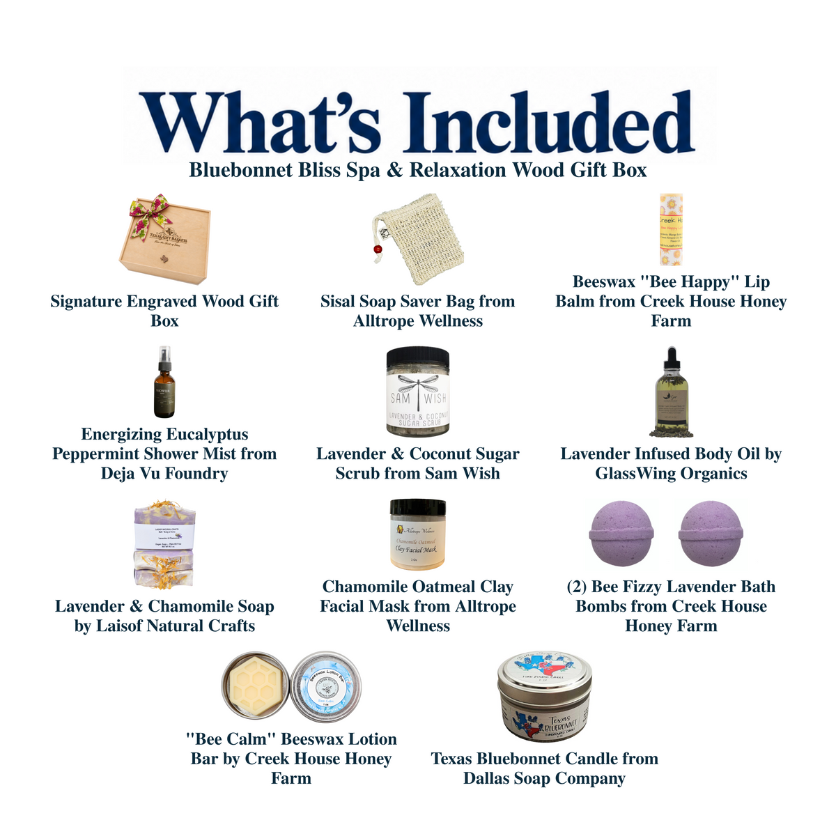 What's included in Bluebonnet Bliss Spa & Relaxation Wood Gift Box from The Texas Gift Company: each included item individually labeled.