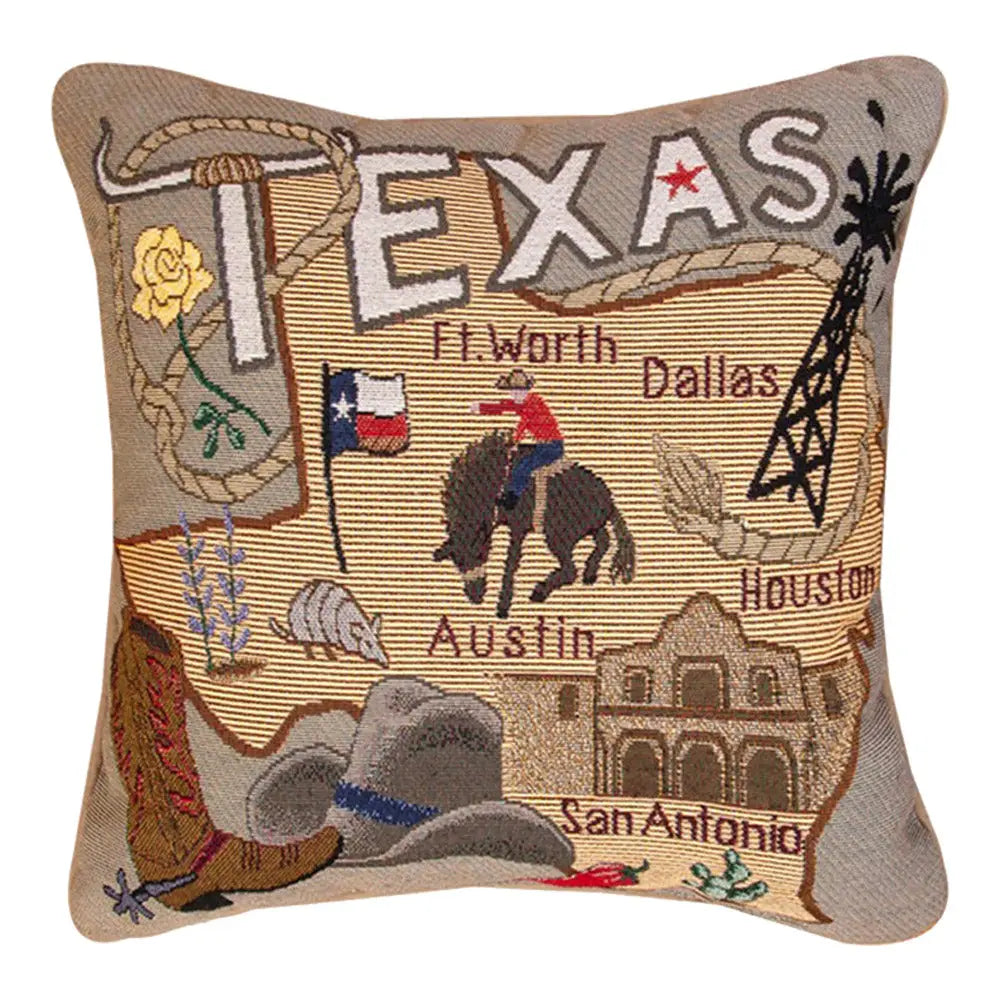 State To State Texas 17 by 17 inch pillow displayed as a Texas-themed home gift from a Texas gift shop storefront