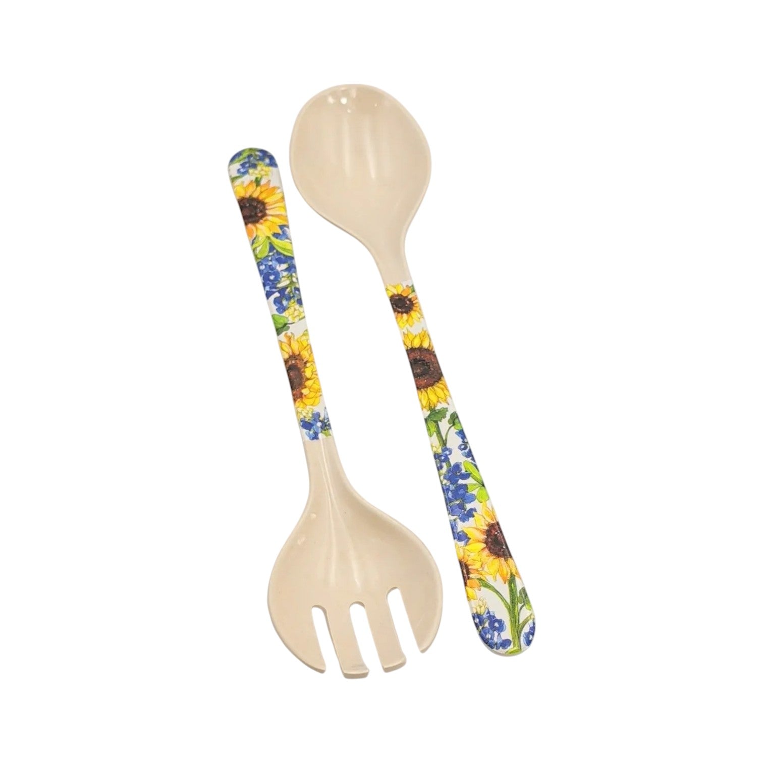 Set of two bamboo salad servers with sunflower and bluebonnet floral handles, including a slotted fork and spoon, photographed on a white background.