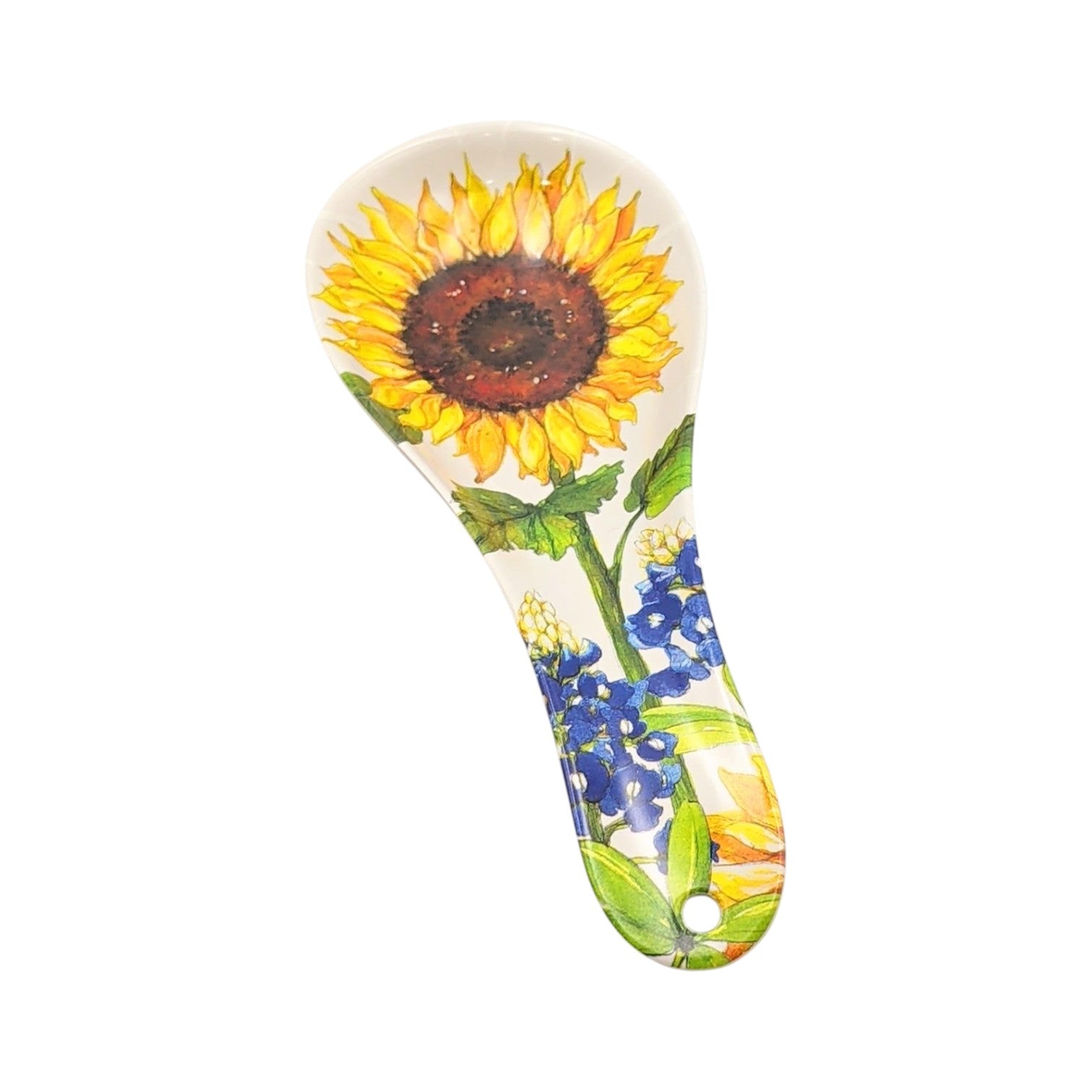 Bamboo spoon rest featuring a painted sunflower and bluebonnet flowers in yellow and blue tones, with a curved handle design, photographed on a white background.