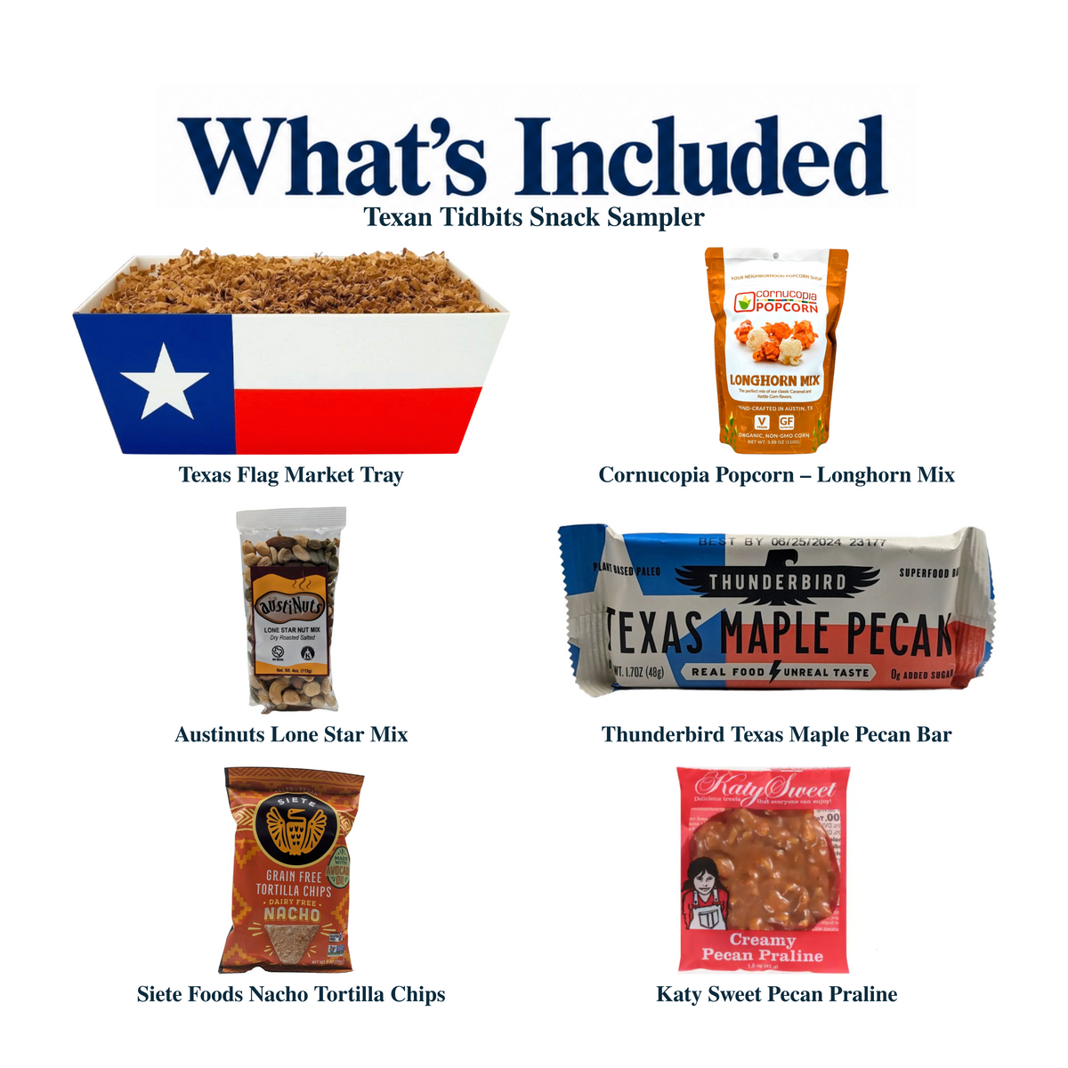 What's included in Texan Tidbits Snack Sampler from The Texas Gift Company: each included item individually labeled.