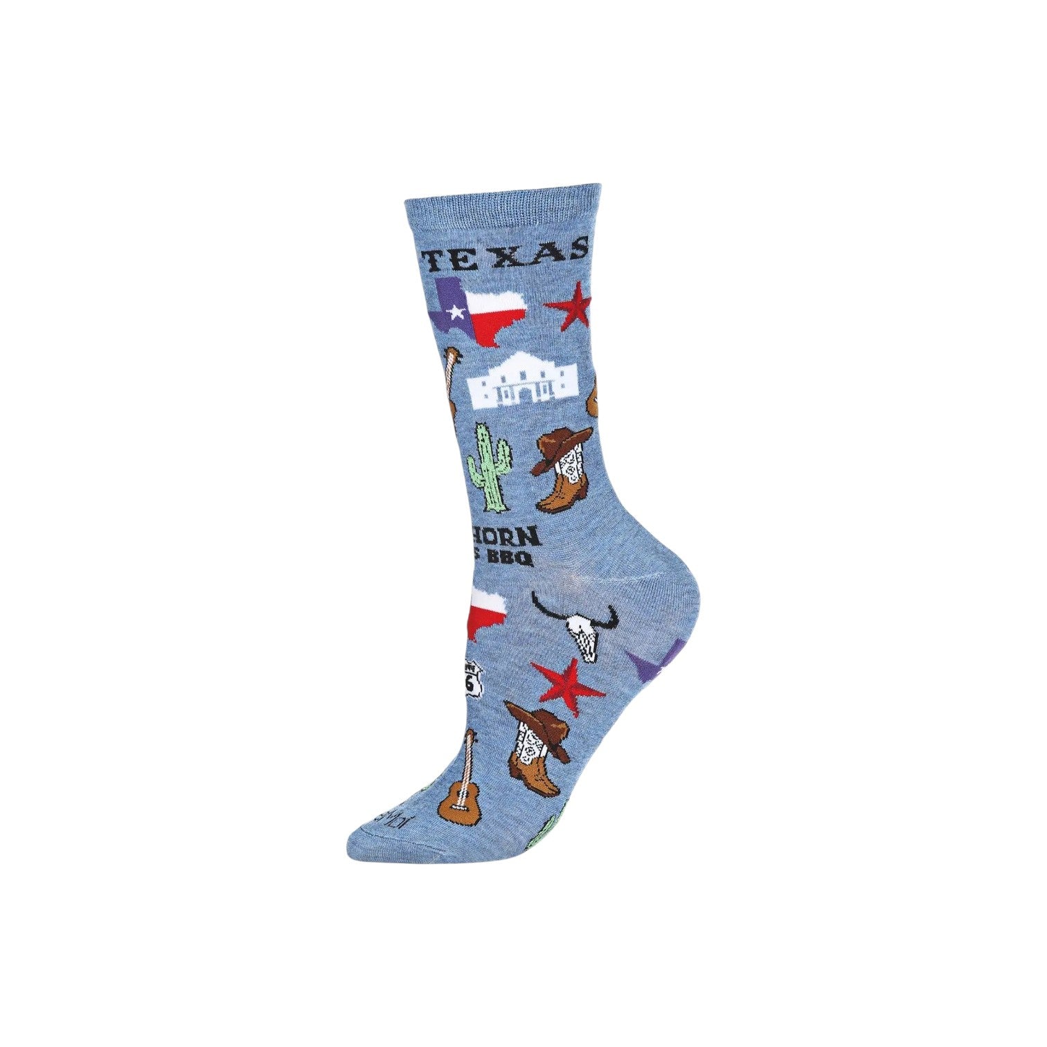 Texas bamboo blend crew sock in denim heather displayed as a Texas-themed gift item from a Texas gift shop storefront
