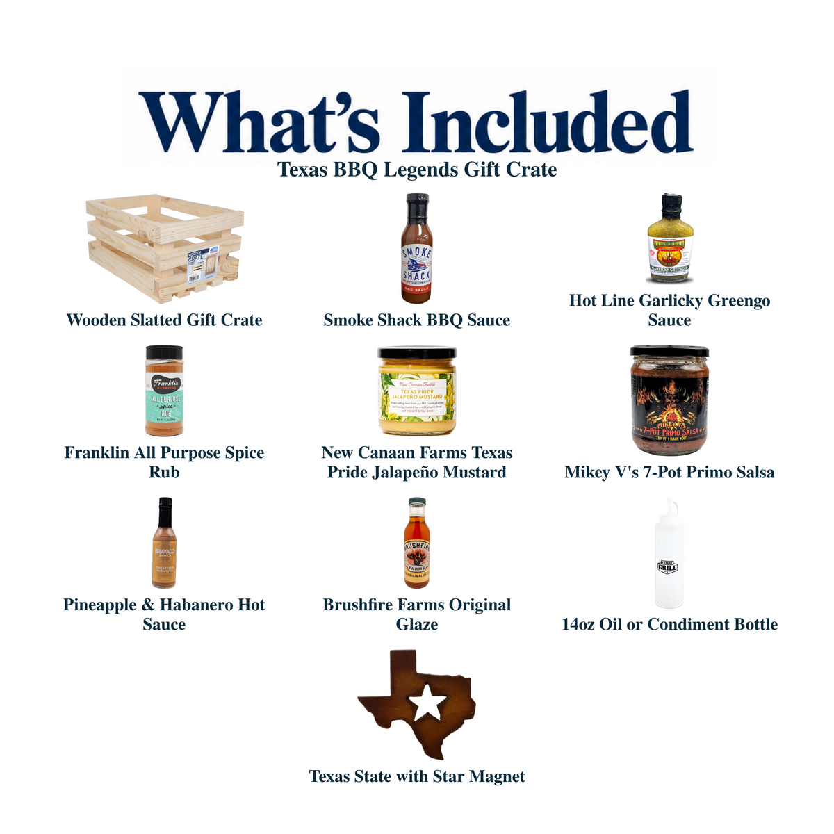 What's included in Texas BBQ Legends Gift Crate from The Texas Gift Company: each included item individually labeled.
