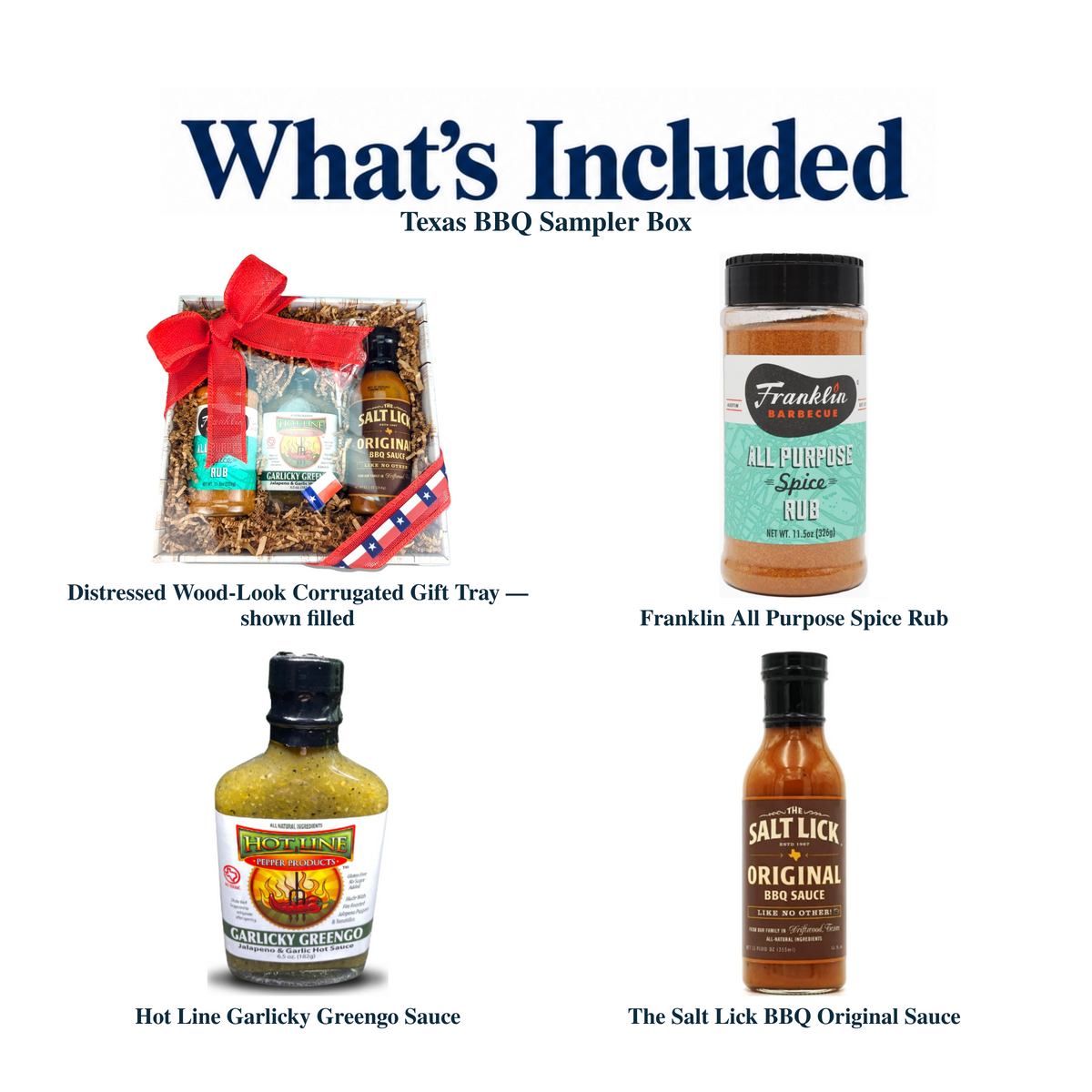What's included in Texas BBQ Sampler Box from The Texas Gift Company: each included item individually labeled.