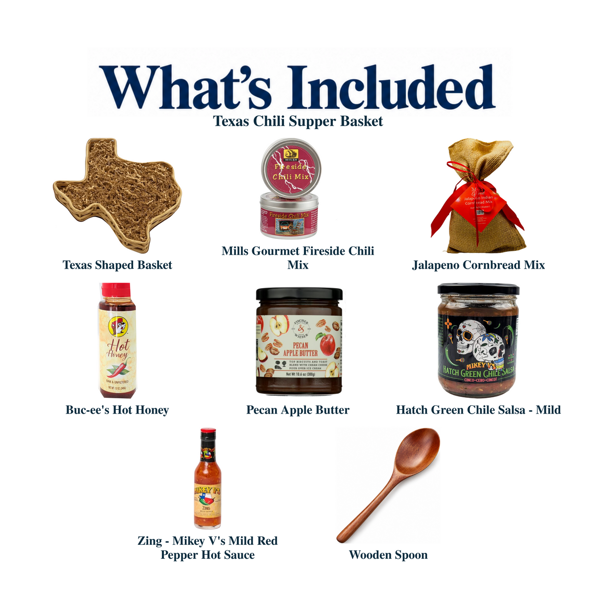 What's included in Texas Chili Supper Basket from The Texas Gift Company: each included item individually labeled.