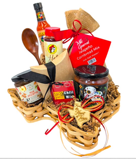 Texas Chili Supper Basket with chili and cornbread mixes, hot honey, apple butter, salsa, hot sauce and wooden spoon