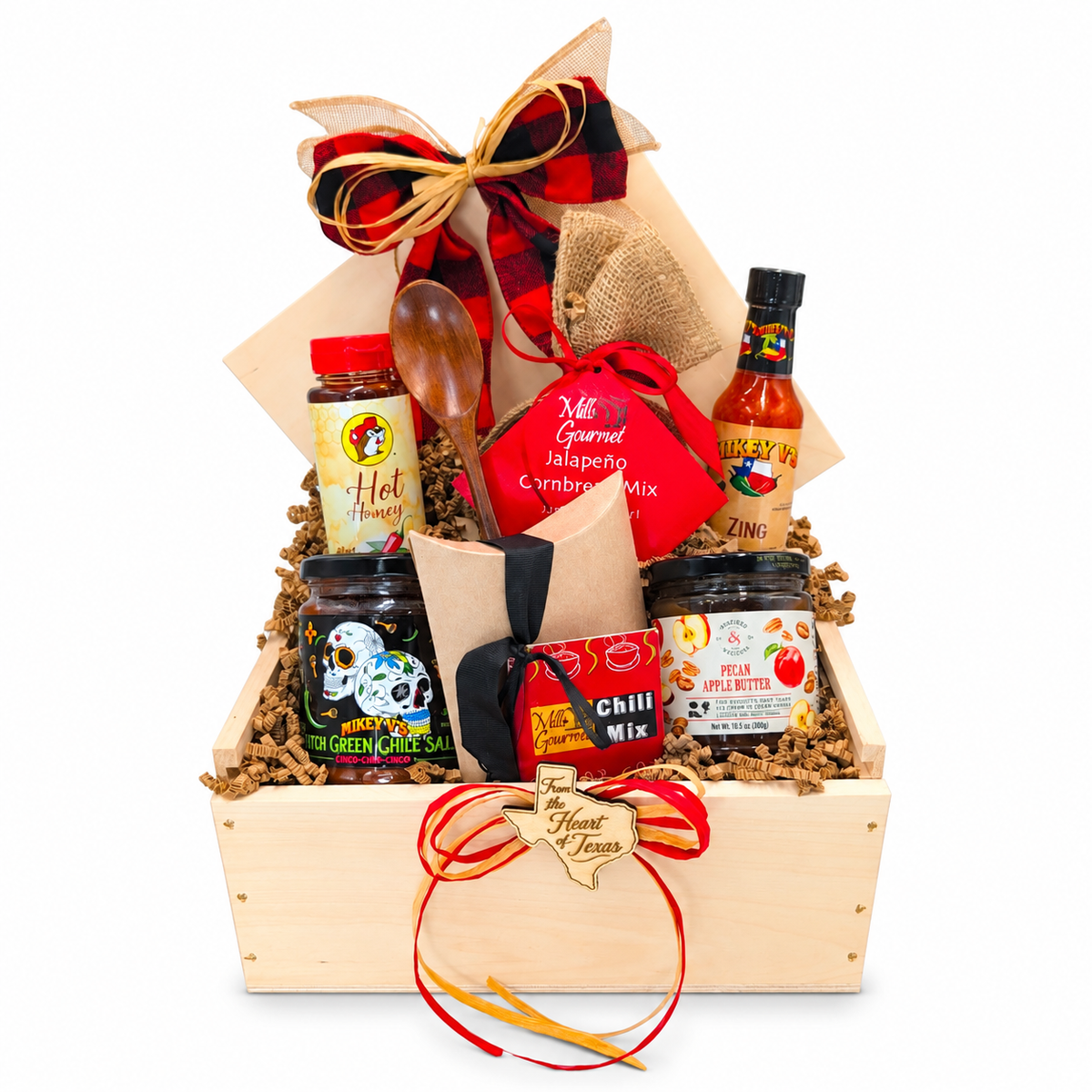 Texas Chili Supper Gift Box with chili and cornbread mixes, hot honey, salsa, apple butter and wooden spoon in a pine wood box