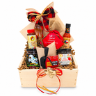 Texas Chili Supper Gift Box with chili and cornbread mixes, hot honey, salsa, apple butter and wooden spoon in a pine wood box