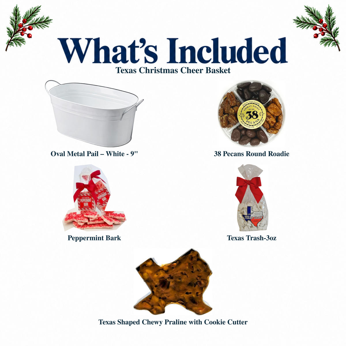 What's included in Texas Christmas Cheer Basket from The Texas Gift Company: each included item individually labeled.