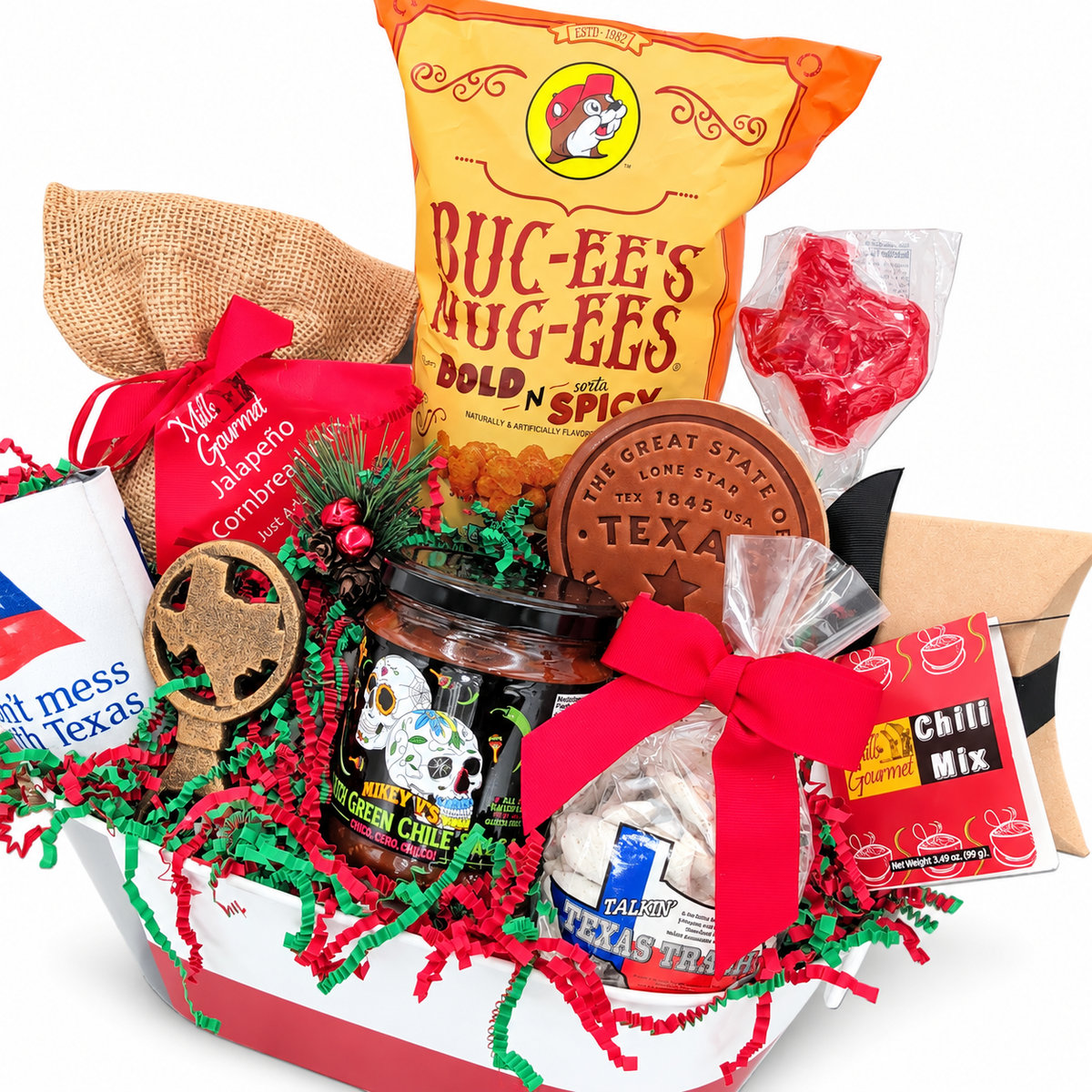 Angled white-background view of Texas Christmas Comforts, with nine Texas food favorites and keepsakes