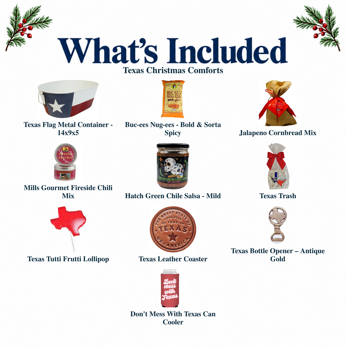 What's included in Texas Christmas Comforts from The Texas Gift Company: each included item individually labeled.