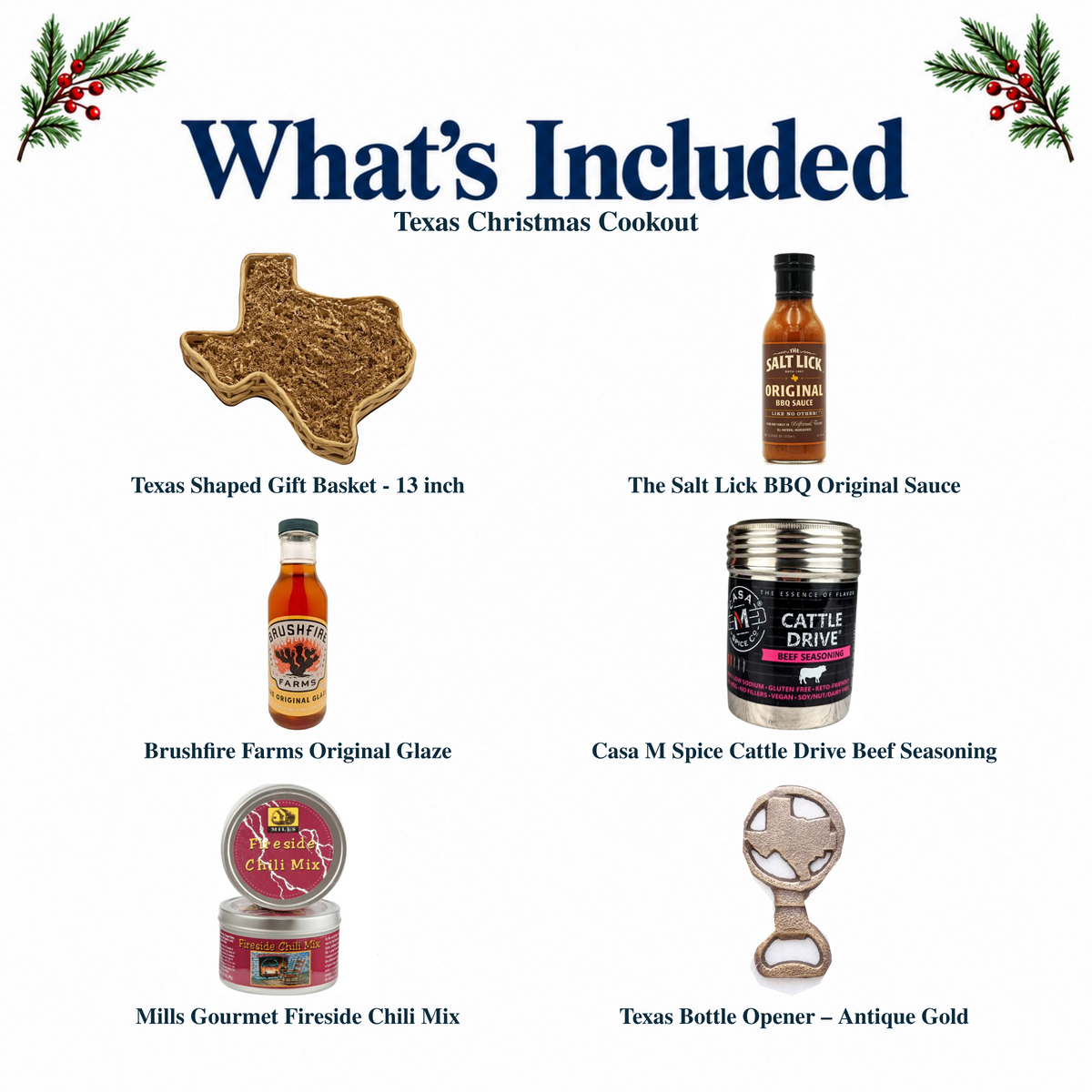What's included in Texas Christmas Cookout from The Texas Gift Company: each included item individually labeled.