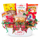 Texas Christmas Joy gift with seven snacks in a Joy to the World metal container, plaid bow and Christmas greenery on white