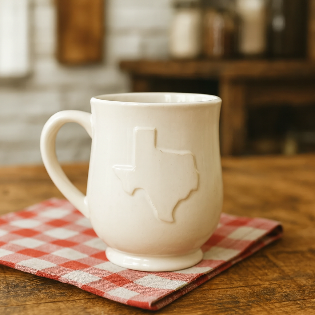 White 18oz coffee mug with embossed Texas design displayed as a Texas-themed drinkware gift from The Texas Gift Company storefront