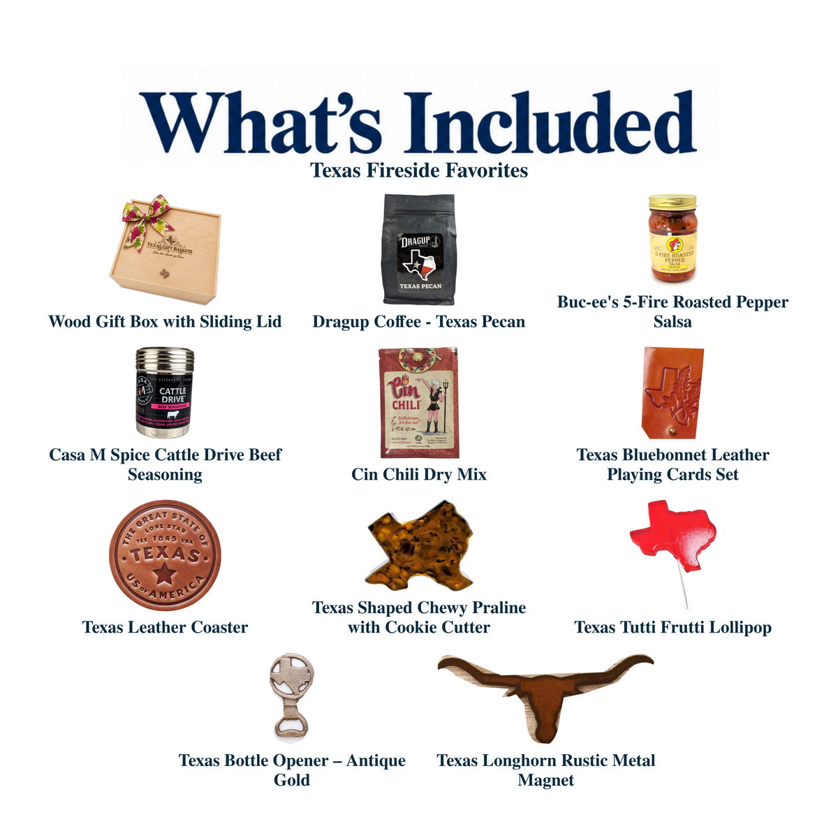 What's included in Texas Fireside Favorites from The Texas Gift Company: each included item individually labeled.