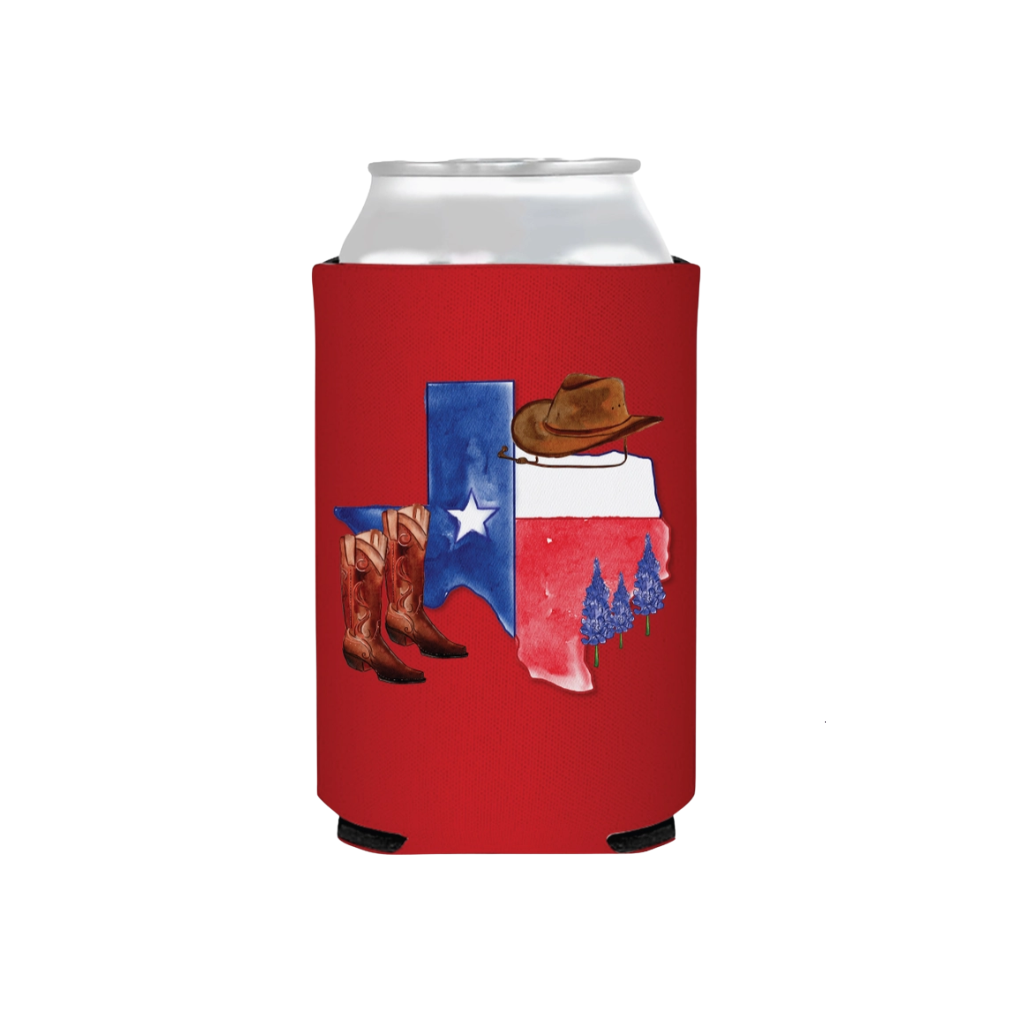 Texas flag boot hat red can cooler displayed as a fun Texas-themed drink accessory gift from The Texas Gift Company storefront