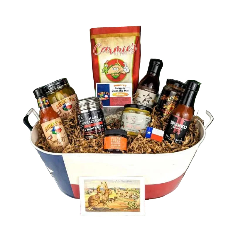 Texas Heat Wave gift collection with spicy sauces and hot snacks arranged for gifting