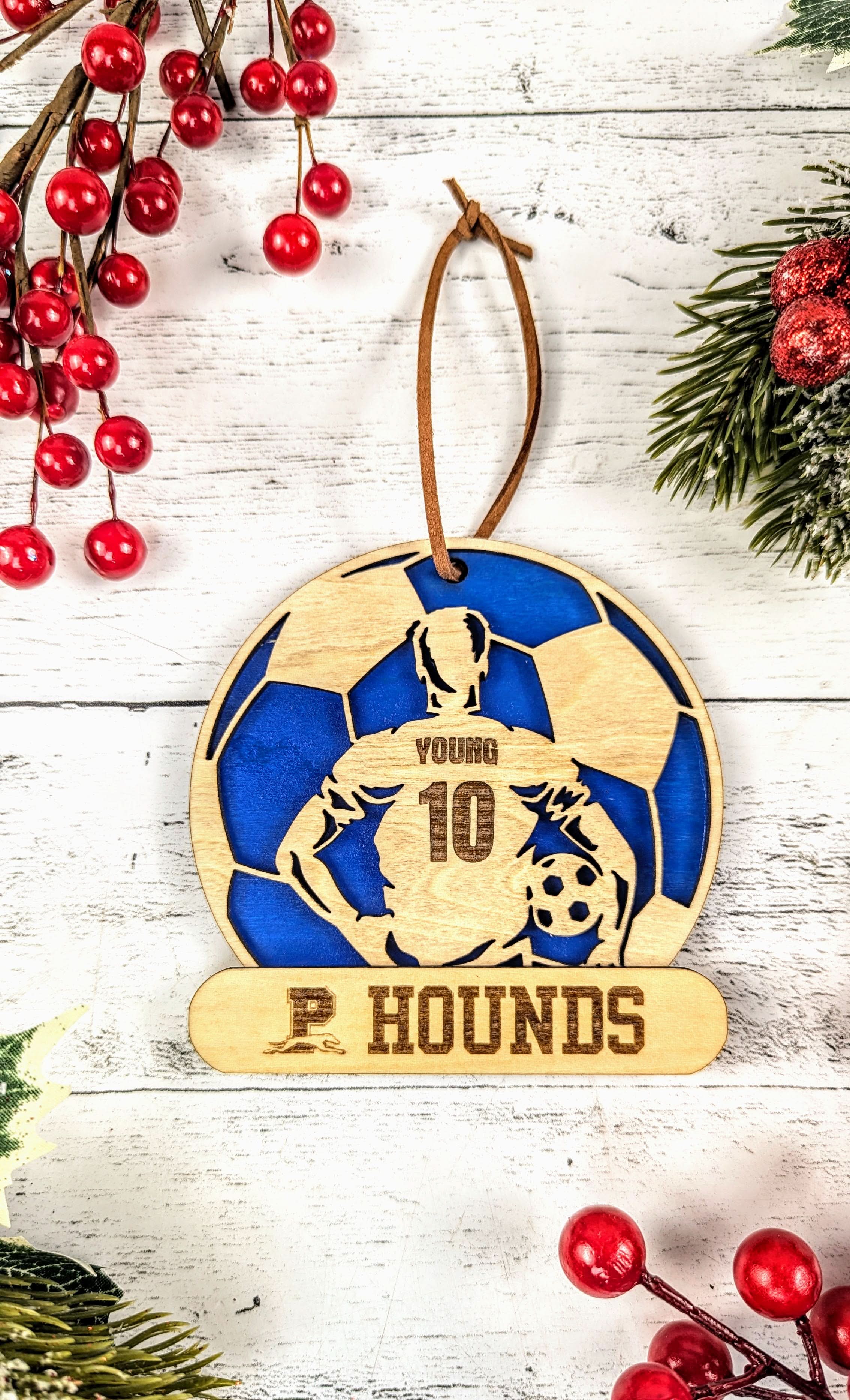 Texas high school athletics custom on blue colour ornament displayed as a personalized Texas keepsake from The Texas Gift Company storefront