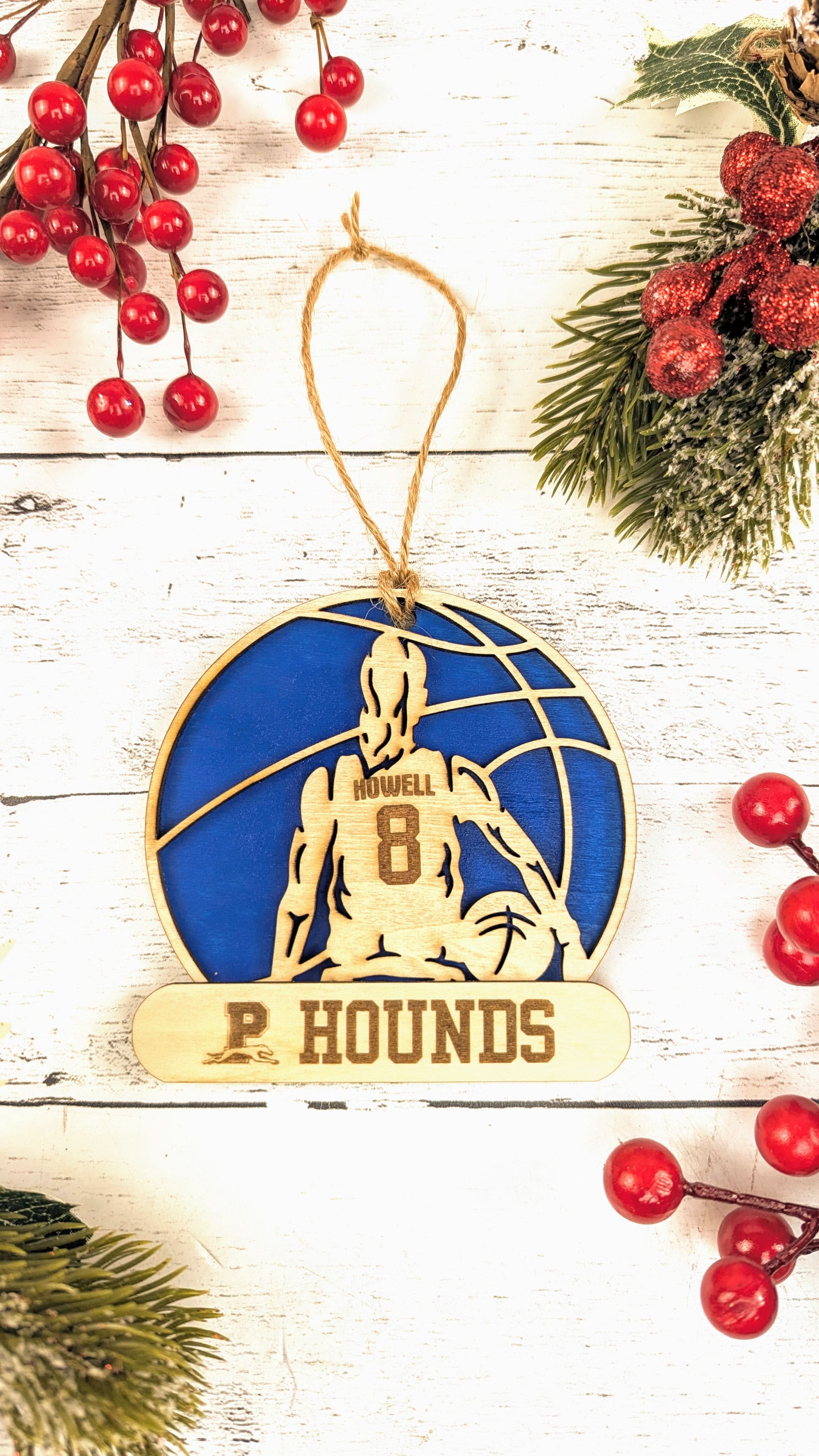 Front view of blue colour custom name and school detail on Texas high school athletics ornament from The Texas Gift Company