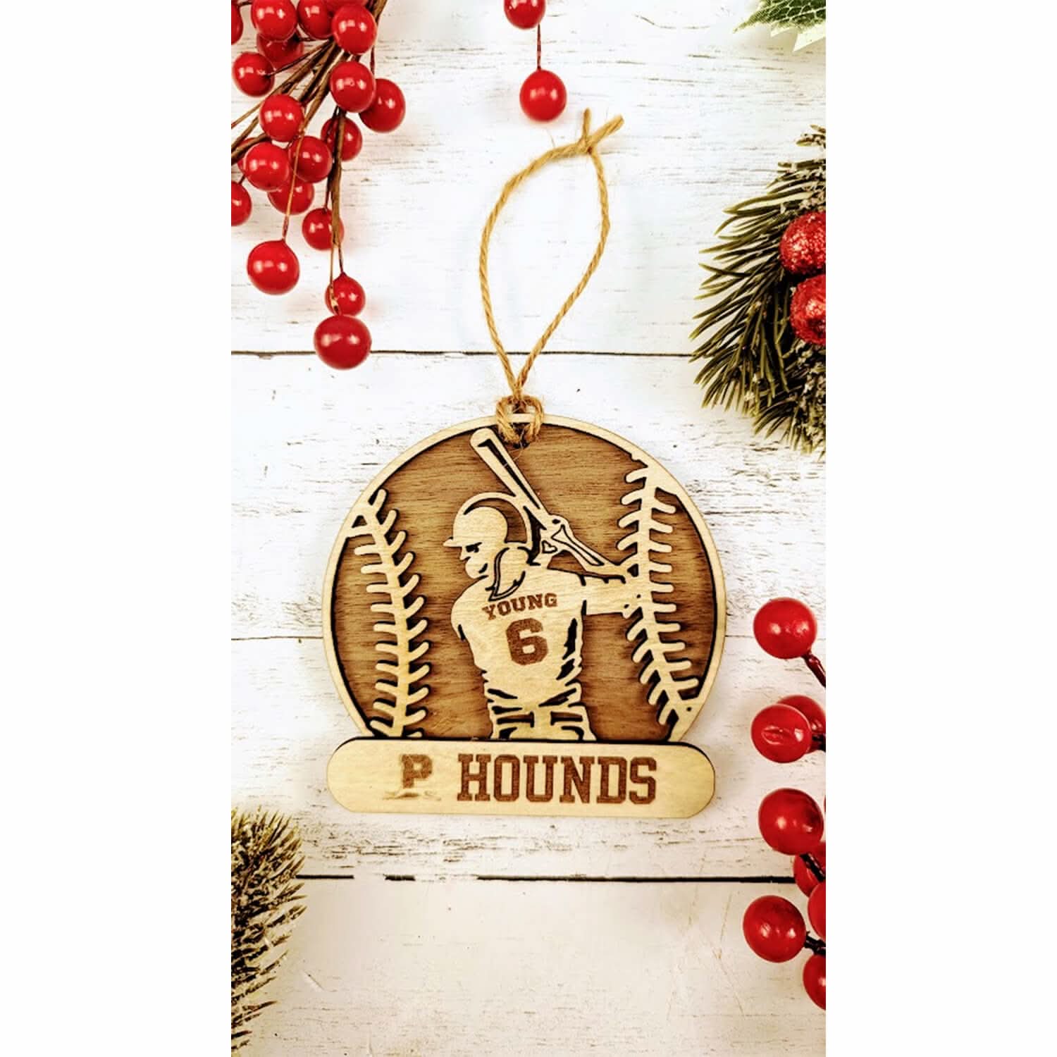 View of custom name and school detail on Texas high school athletics ornament from The Texas Gift Company