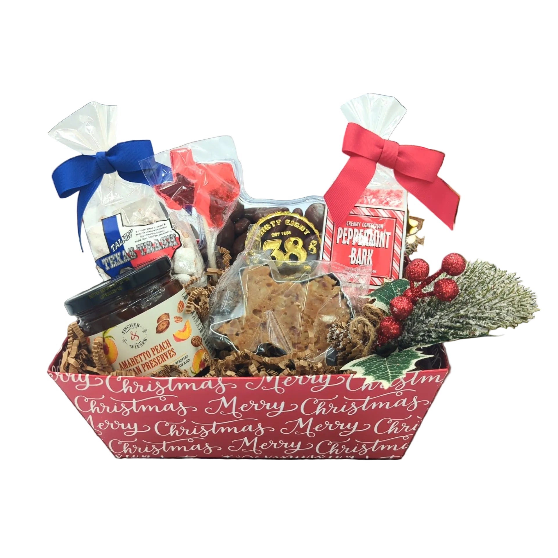 Texas Merry & Bright Christmas gift basket filled with festive treats and décor