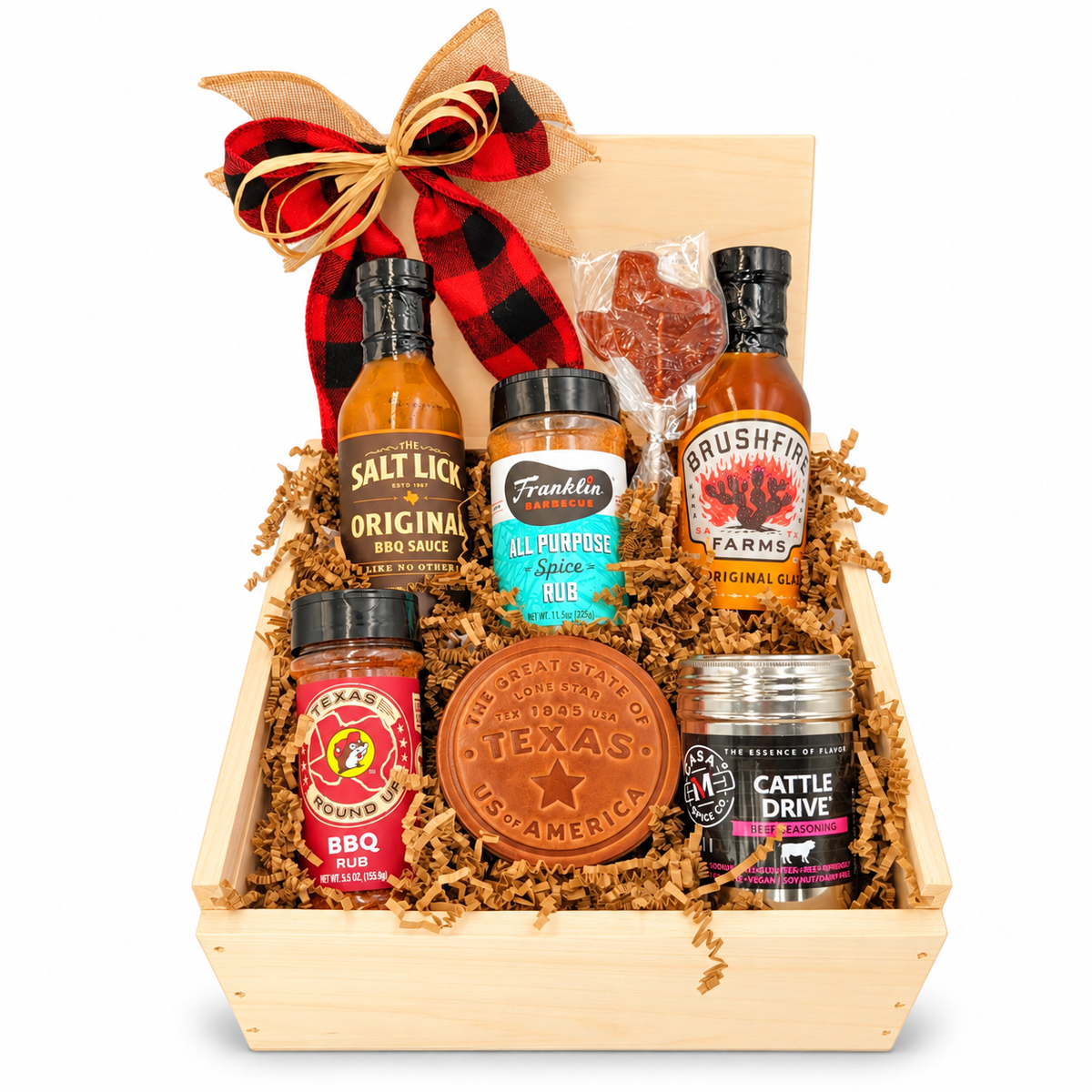 Texas Pitmaster Pantry wooden gift box with seven Texas barbecue favorites and keepsakes on a white background.