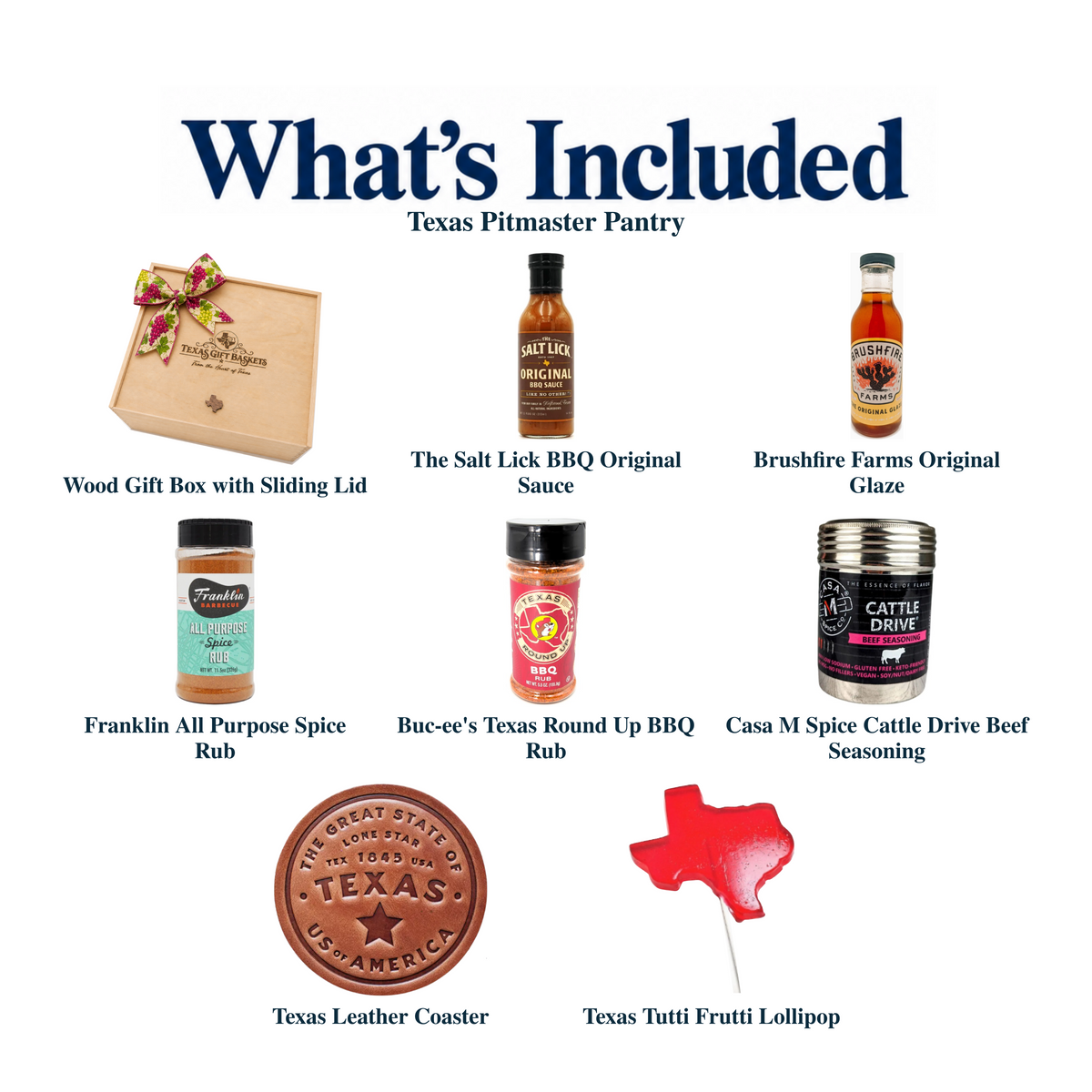 What's included in Texas Pitmaster Pantry from The Texas Gift Company: each included item individually labeled.
