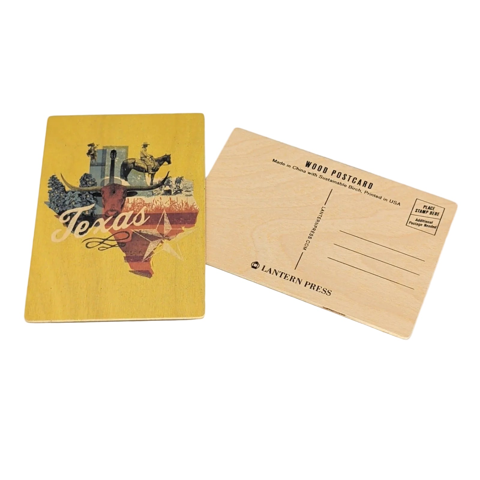 Front and back view of a Texas-themed wooden postcard featuring a yellow vintage collage design shaped like the state of Texas with cowboy and longhorn imagery on the front, and a natural birch wood postcard back with address lines and Lantern Press branding on a white background.