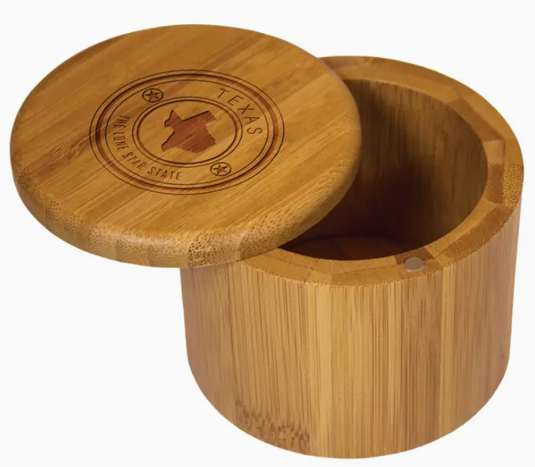 Texas state stamp salt box displayed as a rustic Texas kitchen accessory gift from The Texas Gift Company storefront