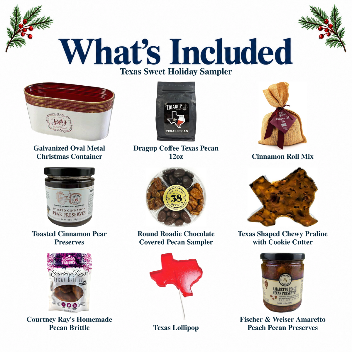 What's included in Texas Sweet Holiday Sampler from The Texas Gift Company: each included item individually labeled.