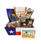 Texas Sweet Tooth Basket filled with chocolate pecans, cookies, popcorn, and Texas-shaped praline