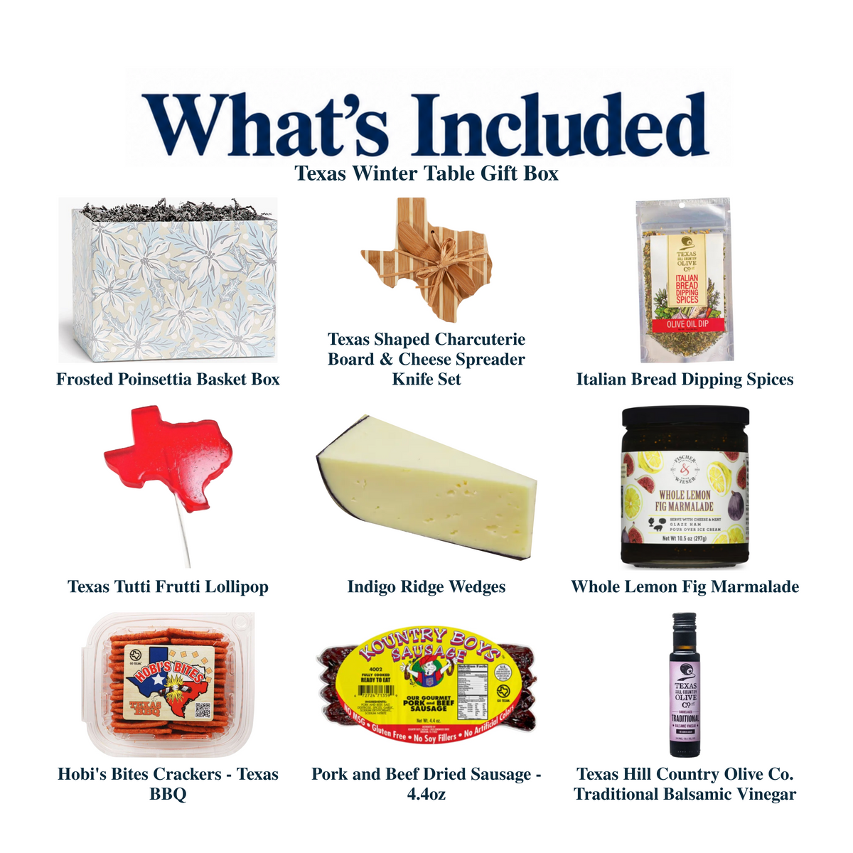What's included in Texas Winter Table Gift Box from The Texas Gift Company: each included item individually labeled.