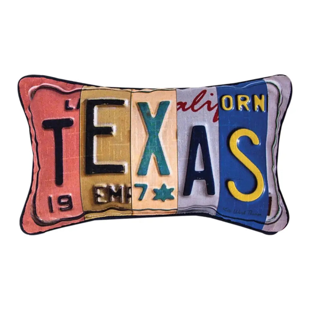 Texas word pillow in 14.5 by 9 inch size displayed as a Texas-themed home gift from a Texas gift shop storefront