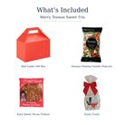 What's Included: red gable gift box, Deanan holiday popcorn, Katy Sweet praline and Texas Trash