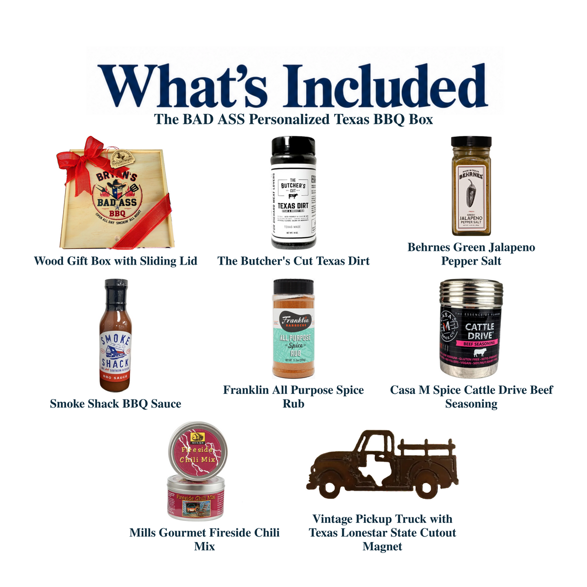 What's included in The BAD ASS Personalized Texas BBQ Box from The Texas Gift Company: each included item individually labeled.