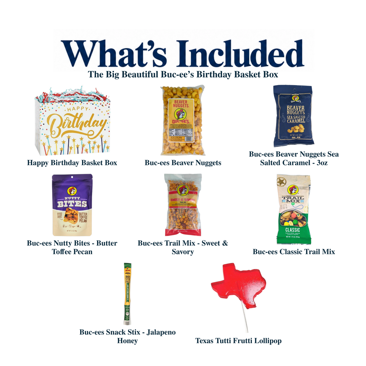 What's included in The Big Beautiful Buc-ee’s Birthday Basket Box from The Texas Gift Company: each included item individually labeled.
