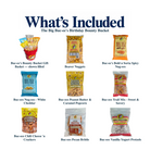 What's included in The Big Buc-ee's Birthday Bounty Bucket from The Texas Gift Company: each included item individually labeled.