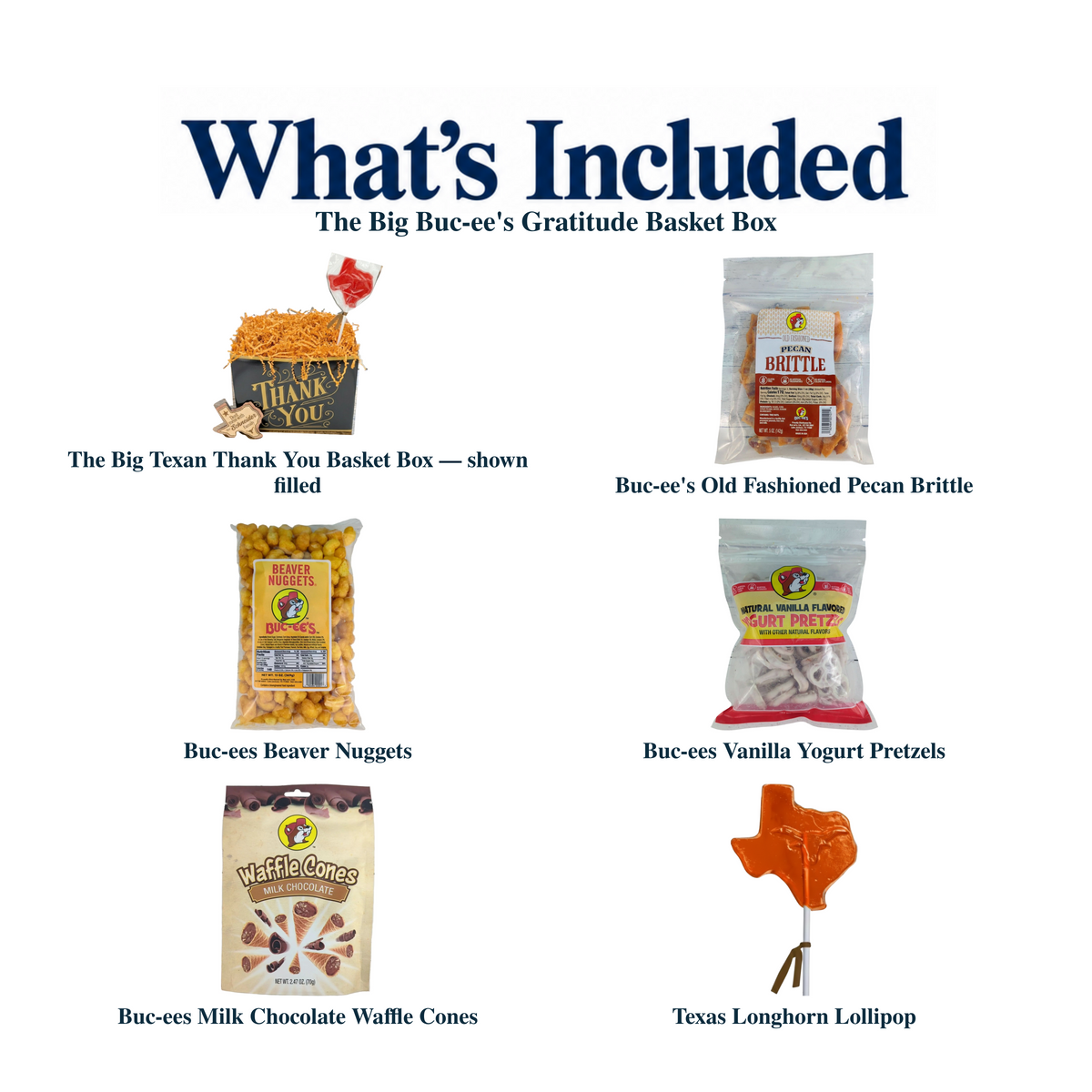 What's included in The Big Buc-ee's Gratitude Basket Box from The Texas Gift Company: each included item individually labeled.