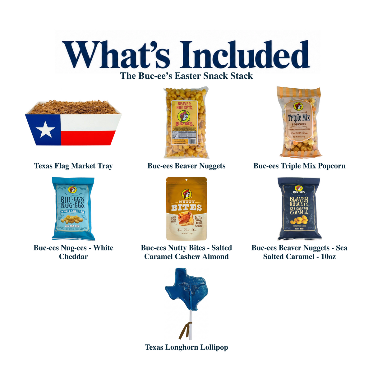 What's included in The Buc-ee’s Easter Snack Stack from The Texas Gift Company: each included item individually labeled.