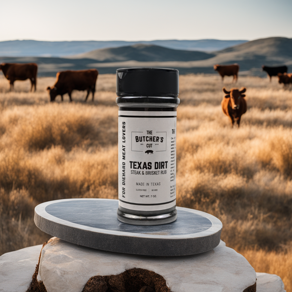 The Butcher’s Cut Texas Dirt seasoning jar displayed as a bold Texas barbecue cooking gift from The Texas Gift Company storefront