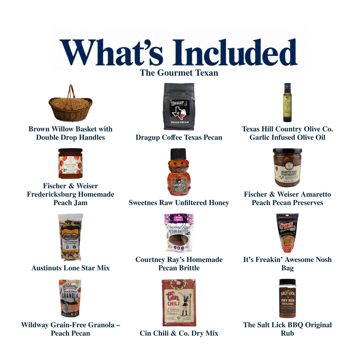 What's included in The Gourmet Texan from The Texas Gift Company: each included item individually labeled.