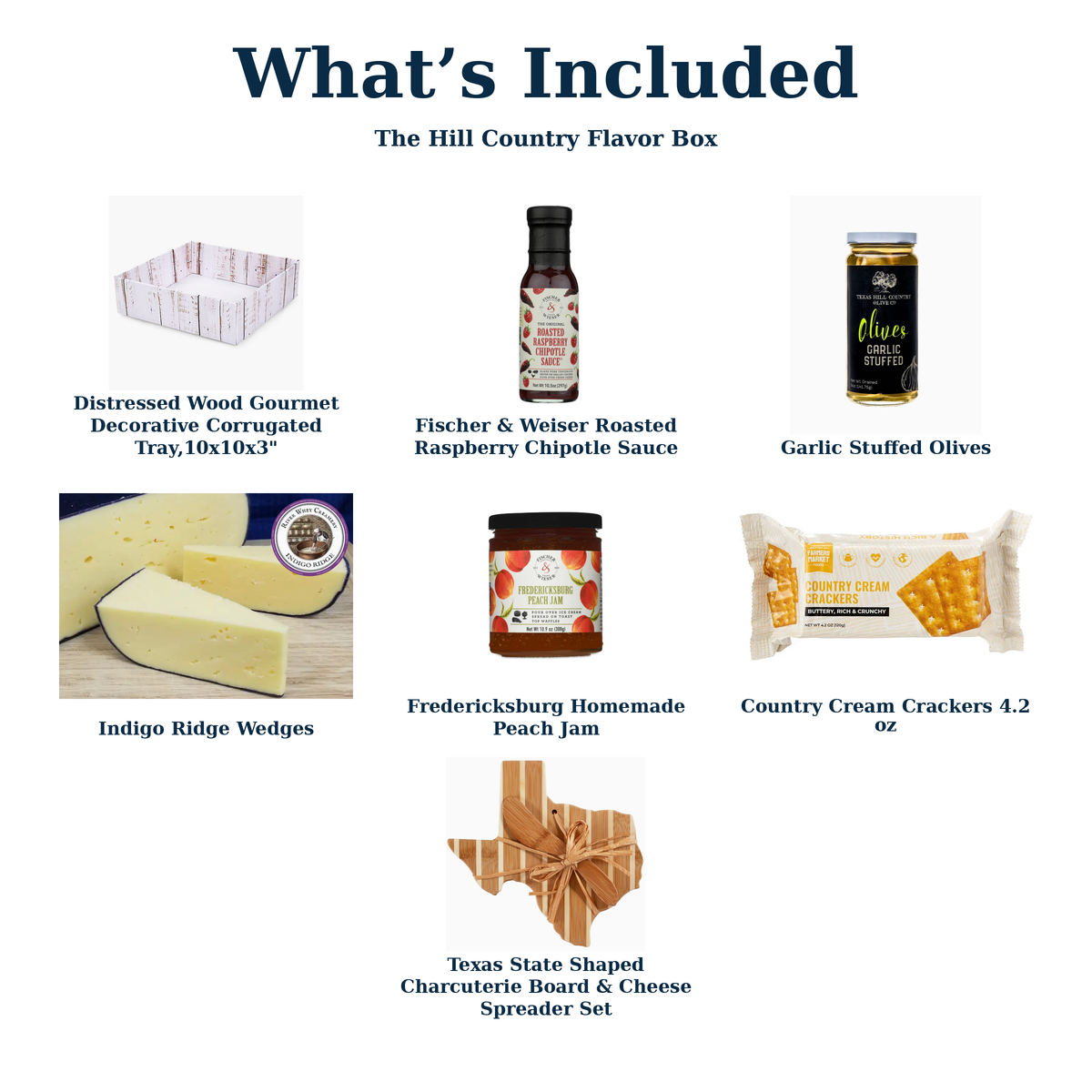 What's Included in The Hill Country Flavor Box — Country Cream Crackers 4.2 oz and each current gift item.