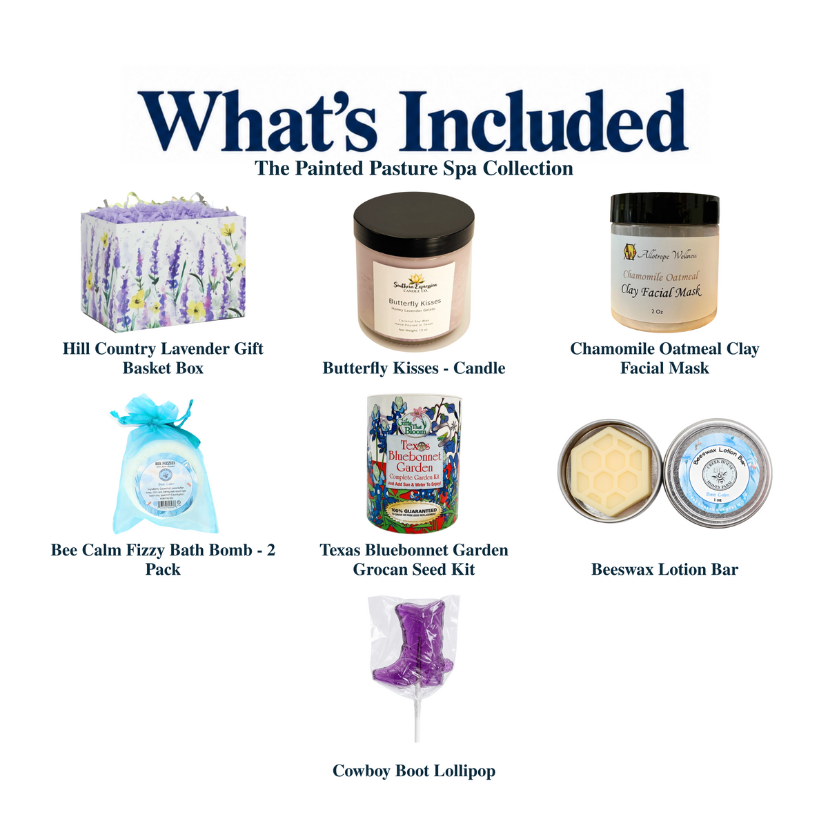 What's included in The Painted Pasture Spa Collection from The Texas Gift Company: each included item individually labeled.