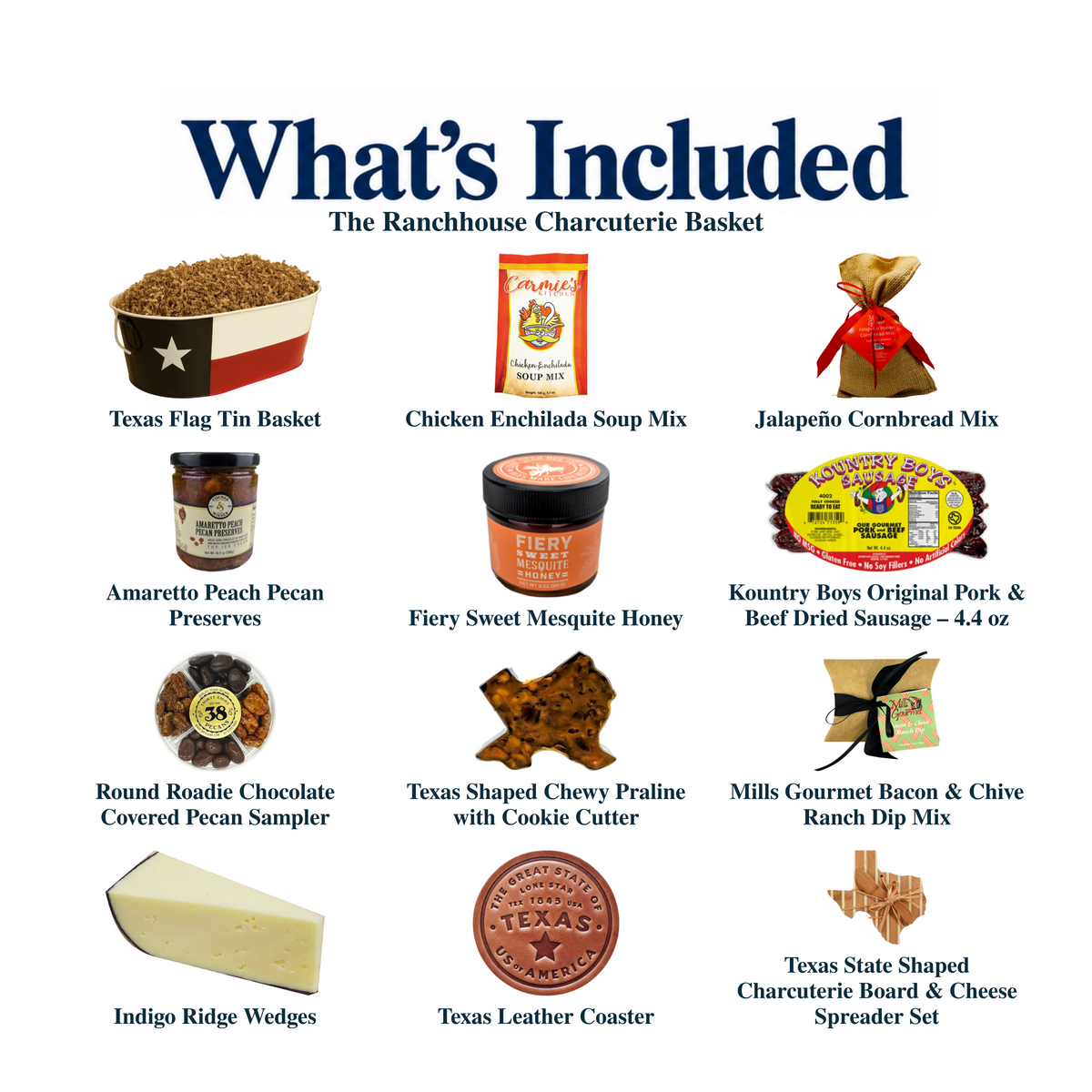 What's included in The Ranchhouse Charcuterie Basket from The Texas Gift Company: each included item individually labeled.