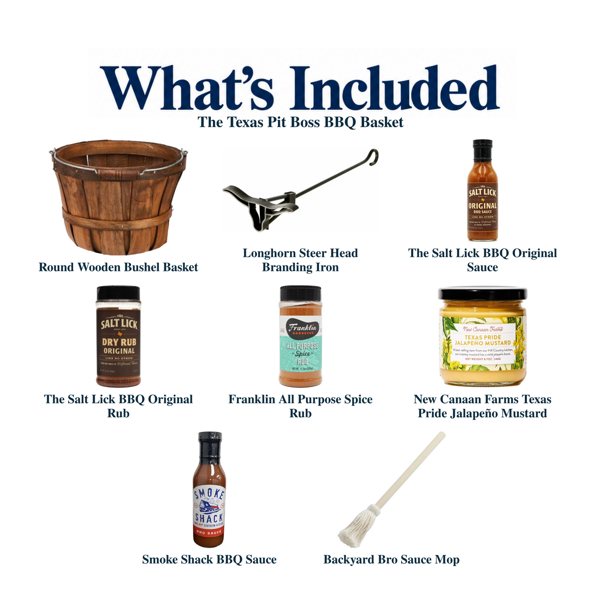 What's included in The Texas Pit Boss BBQ Basket from The Texas Gift Company: each included item individually labeled.