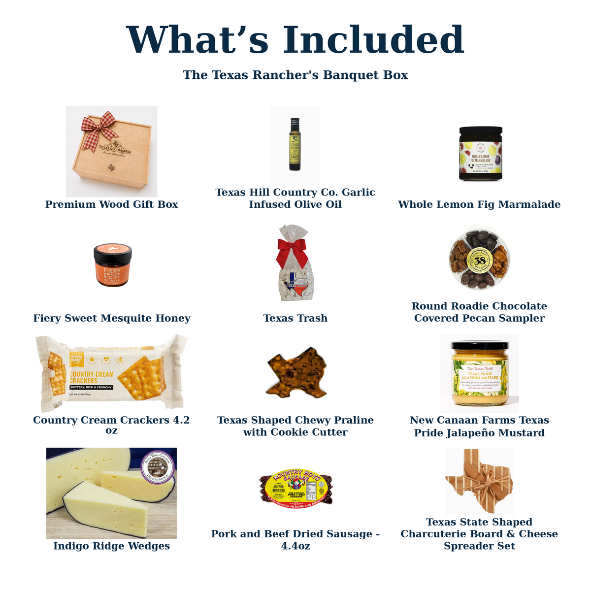 What's Included in The Texas Rancher's Banquet Box — Country Cream Crackers 4.2 oz and each current gift item.