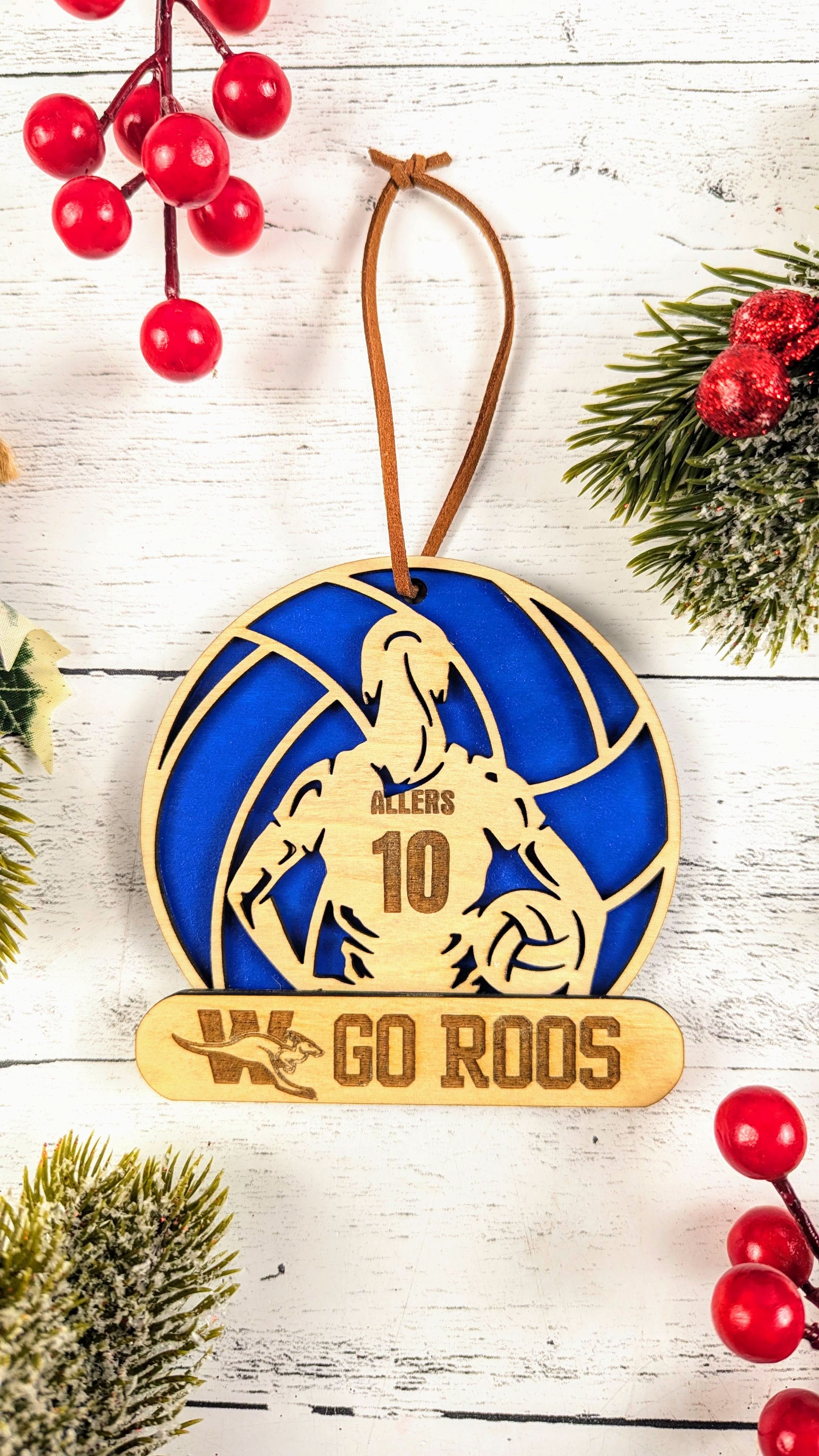 Front view of custom name and school detail on Weatherford ISD athletics ornament from The Texas Gift Company