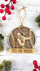 View of custom name and school detail on brown colour Weatherford ISD athletics ornament from The Texas Gift Company