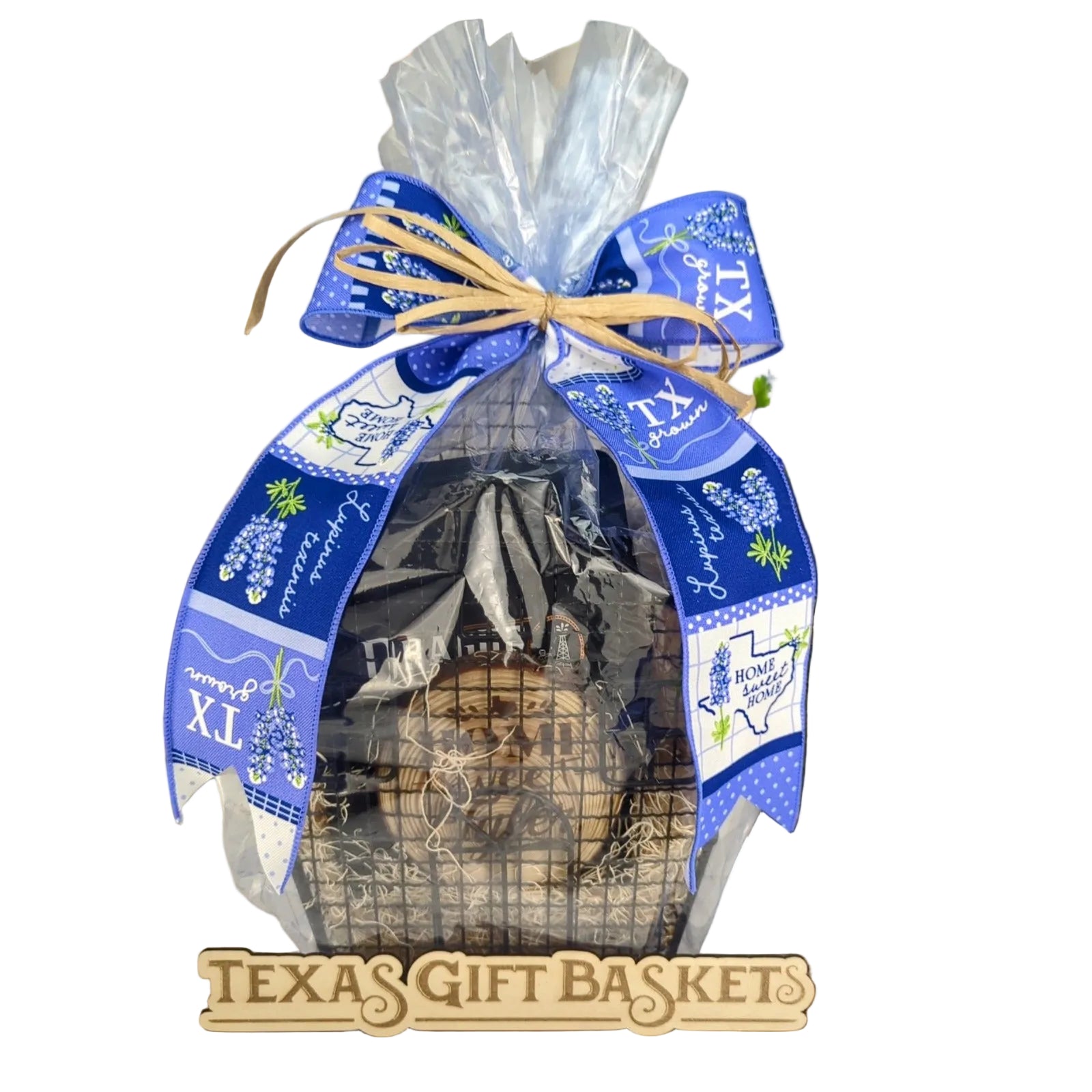 Bastrop themed Texas gift basket presented for new home celebrations